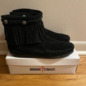 Minnetonka Black Fringe Moccasin Boots with Silver Accents